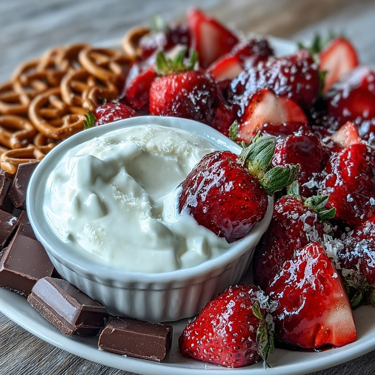 Festliches Snack-Brett mit übrig gebliebenen Erdbeeren und cremigem Joghurt-Dip, dekoriert mit Trauben, Äpfeln und Nüssen.