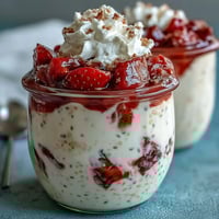 1. Cremige Overnight-Oats mit frischen Erdbeeren und einem Hauch Vanille, inspiriert von klassischem Erdbeerkuchen—ideal für ein nahrhaftes, schnelles Frühstück zum Mitnehmen.