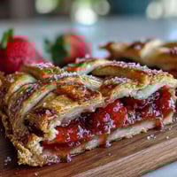 Süße Erdbeer-Handpasteten mit goldenen, knusprigen Gitterdeckeln, perfekt für Picknicks oder Sommerfeste.