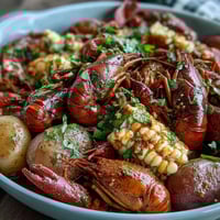 Ein würziger Cajun-Krebs-Eintopf mit Mais und Kartoffeln, perfekt für ein festliches Südstaaten-Essen.