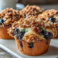 1. Feuchte, zitronige Blaubeer-Sauerteig-Muffins mit knuspriger Streuselkruste, perfekt für ein leckeres Frühstück oder einen Nachmittagssnack.