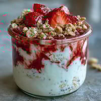 Fluffy Yogurt Overnight Oats mit Erdbeerwirbel: Cremige Schichten aus luftigem Joghurt-Haferbrei und frischem Erdbeersirup, perfekt für ein gesundes Frühstück.