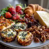 Festliches Mother's Day Brunch Board mit Mini-Quiches und frischem Obst auf einer großen Servierplatte, umgeben von Käse, Nüssen und Gebäck.