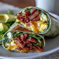 Lebhafte Frühstücks-Wraps mit fluffigen Eiern, Schinken und frischen Kräutern in grünen Spinat-Tortillas.
