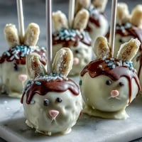 Süße Oster-Häschen Cake Pops mit weißer Schokoladenglasur, dekoriert mit bunten Zuckeraugen und Marshmallowschwänzen.
