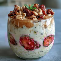 Glas mit cremigen Overnight Oats, belegt mit frischen Erdbeeren, Chiasamen und knusprigem Granola für ein nahrhaftes Frühstück.