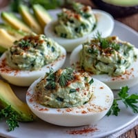Leuchtend grüne Avocado-Teufelseier mit frischen Kräutern und cremiger Füllung, perfekt für Frühlingspartys.