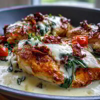 Köstliche cremige Hähnchenbrust in einer würzigen Knoblauch-Sauce mit getrockneten Tomaten und Spinat.