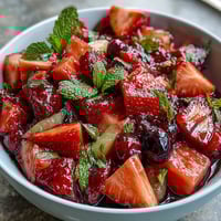 Ein farbenfroher Obstsalat mit saftigen Erdbeeren und erfrischendem Zitronengeschmack, ideal für Sommerpicknicks.