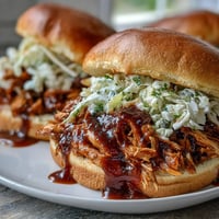 Zarter, langsam gegarter BBQ-Hähnchenbraten auf weichen Brötchen mit würziger Sauce.