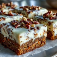 Köstliche Karottenkuchen-Käsekuchen-Riegel mit cremiger Füllung und zarter Karottenkuchenschicht.