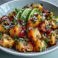 Leuchtend orangefarbene Mango-Stücke mit frischem Limettensaft und einer Prise Chili, perfekt für einen erfrischenden Snack.