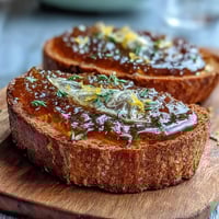 Helle, blumige Löwenzahngelée mit frischer Zitrone und Honig auf Toast.