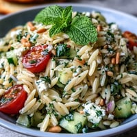 Saftiger Orzo-Salat mit Gurke, Feta und Zitronendressing, perfekt für warme Tage.