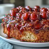 Saftiger Cherry Almond Upside-Down Cake mit karamellisiertem Topping.