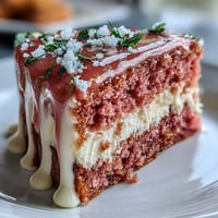 Glänzender Rosé-Samtkuchen mit Goldtropfen, festlich geschichtet.