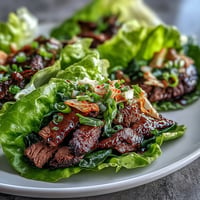 Zart mariniertes Korean BBQ Rindfleisch in knackigen Salatblättern mit würzigem Kimchi.